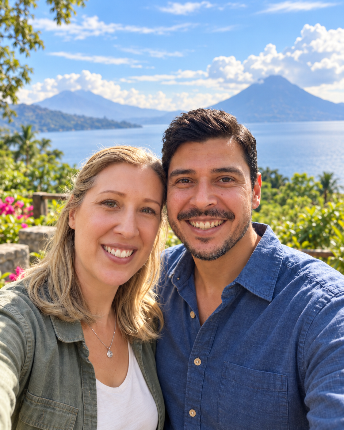 Angela and Diego at Lake Atitlán, with the lake and volcanoes behind them